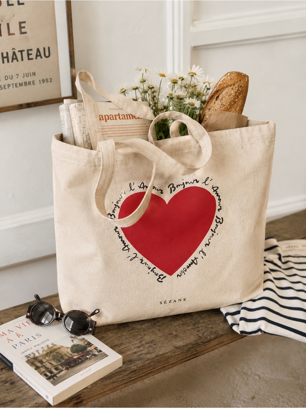 Sézane Bonjour l'Amour Heart Canvas Tote Bag Large Limited Edition NWOT - Picture 3 of 9